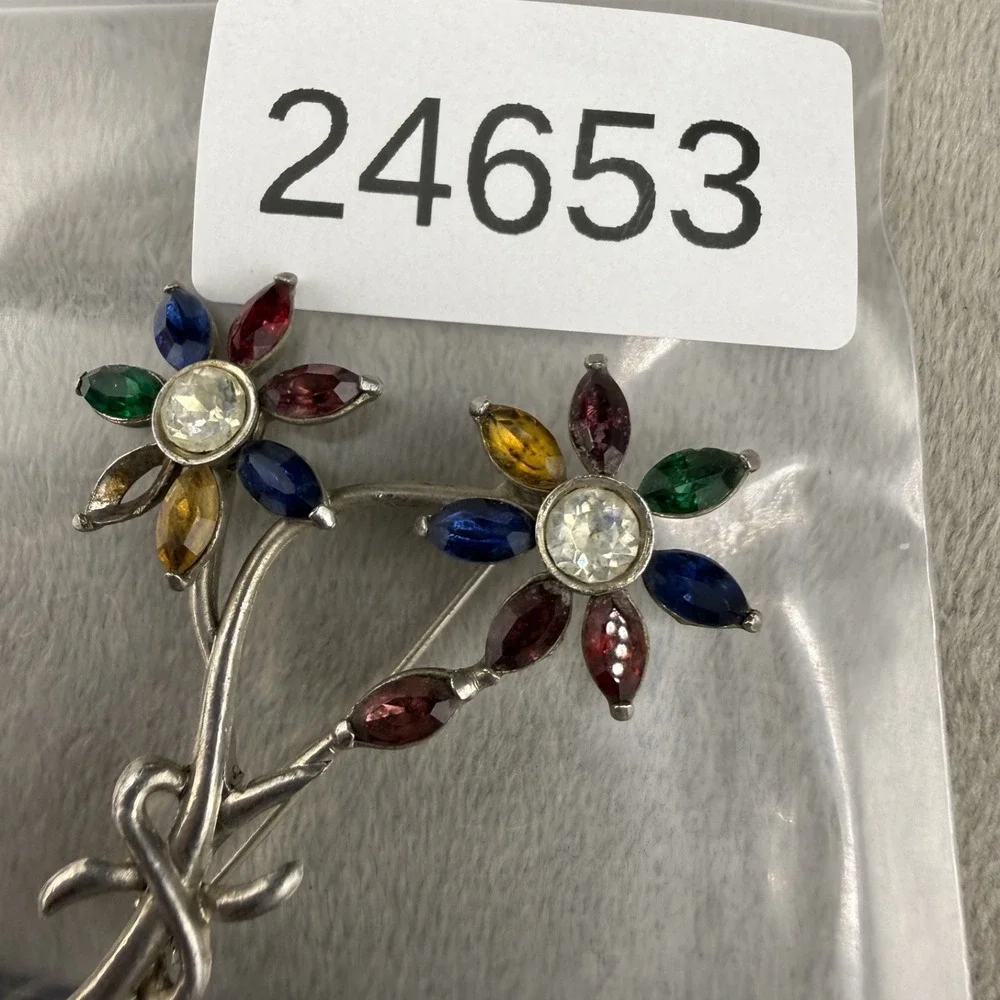 Vintage Estate Brooch Silver Tone Rhinestone Flower Multicolor Marquise
